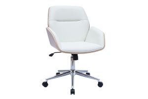 Chaise de bureau à roulettes design blanc, bois clair et acier chromé  MARLOW