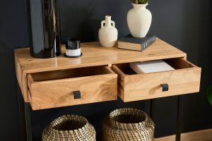 Console avec rangements 2 tiroirs en bois massif et métal noir L80 cm AXELLE
