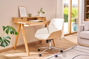 Chaise de bureau à roulettes design blanc, bois clair et acier chromé  MARLOW