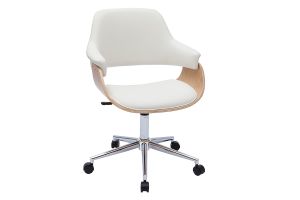 Chaise de bureau à roulettes design blanc, bois clair et acier chromé HANSEN
