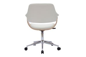 Chaise de bureau à roulettes design blanc, bois clair et acier chromé HANSEN