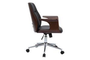 Chaise de bureau à roulettes design noir, bois foncé noyer et acier chromé RUFIN