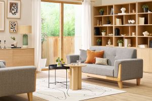 Canapé scandinave 3 places en tissu gris et bois clair FJORD