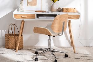 Chaise de bureau à roulettes design noir, bois foncé noyer et acier chromé RUBBENS