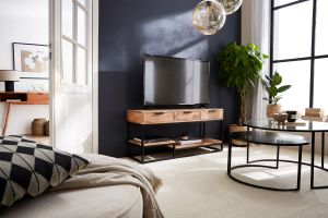 Meuble TV en bois massif et métal noir L115 cm WARREN