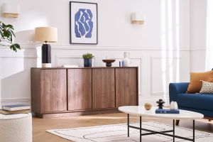 Buffet vintage finition bois foncé noyer 4 portes L180 cm COMO