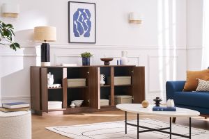 Buffet vintage finition bois foncé noyer 4 portes L180 cm COMO