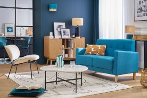 Canapé scandinave 2 places en tissu bleu canard et bois clair MOON