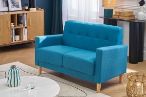 Canapé scandinave 2 places en tissu bleu canard et bois clair MOON