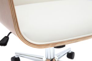 Chaise de bureau à roulettes design blanc, bois clair et acier chromé RUFIN