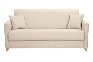 Canapé convertible 3 places en tissu beige et bois clair avec matelas 13 cm SKANDY