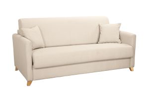 Canapé convertible 3 places en tissu beige et bois clair avec matelas 13 cm SKANDY