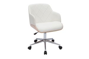 Chaise de bureau à roulettes design blanc, bois clair et acier chromé SANDRO