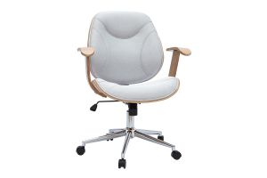 Chaise de bureau à roulettes design en tissu gris clair, bois clair et acier chromé YORKE