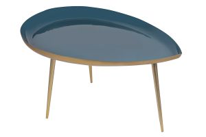 Table basse design en acier laqué bleu canard et doré L80 cm DROP