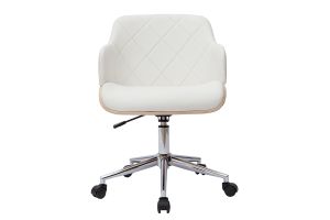 Chaise de bureau à roulettes design blanc, bois clair et acier chromé SANDRO