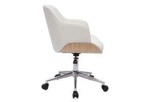 Chaise de bureau à roulettes design blanc, bois clair et acier chromé SANDRO