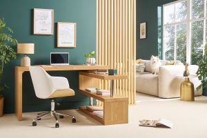 Chaise de bureau à roulettes design blanc, bois clair et acier chromé SANDRO