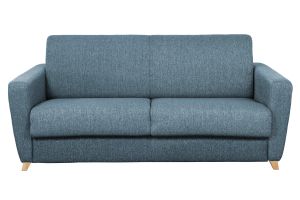 Canapé convertible 3 places en tissu bleu et bois clair avec matelas L140 cm 12 cm GRAHAM