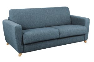 Canapé convertible 3 places en tissu bleu et bois clair avec matelas L140 cm 12 cm GRAHAM