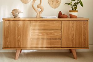 Buffet scandinave en bois clair 2 portes 3 tiroirs L160 cm FIFTIES