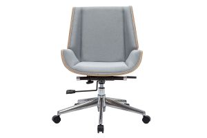 Chaise de bureau à roulettes design en tissu gris clair, bois clair et acier chromé CURVED