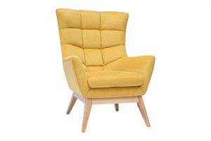 Fauteuil scandinave en tissu effet velours texturé jaune moutarde et bois clair BRODY