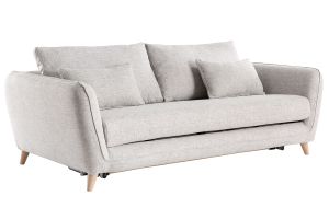 Canapé convertible scandinave 3 places en tissu gris clair chiné et bois clair avec matelas 10 cm CREEP