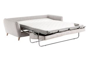 Canapé convertible scandinave 3 places en tissu gris clair chiné et bois clair avec matelas 10 cm CREEP