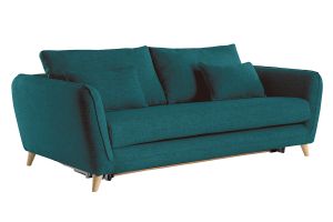 Canapé convertible scandinave 3 places en tissu bleu paon et bois clair avec matelas 10 cm CREEP