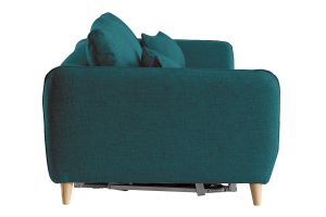 Canapé convertible scandinave 3 places en tissu bleu paon et bois clair avec matelas 10 cm CREEP