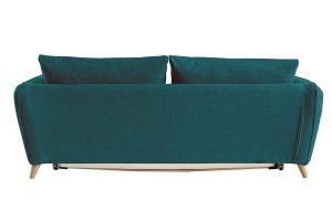 Canapé convertible scandinave 3 places en tissu bleu paon et bois clair avec matelas 10 cm CREEP
