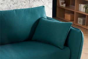 Canapé convertible scandinave 3 places en tissu bleu paon et bois clair avec matelas 10 cm CREEP