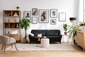 Rocking chair en tissu effet velours texturé terracotta, métal noir et bois clair RHAPSODY