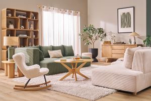 Rocking chair enfant en tissu effet peau de mouton blanc, métal noir et bois clair SHAUN
