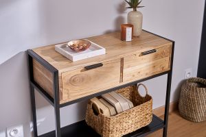 Console avec rangements 2 tiroirs en bois massif et métal noir L80 cm ARTHUS