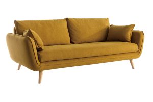 Canapé scandinave 3 places en tissu jaune cumin et bois clair CREEP