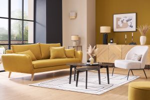 Canapé scandinave 3 places en tissu jaune cumin et bois clair CREEP