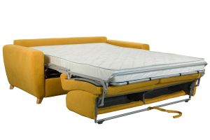 Canapé convertible 3 places en tissu jaune moutarde et bois clair avec matelas L140 cm 13 cm GRAHAM