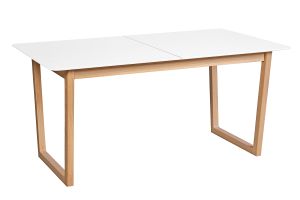Table à manger extensible rectangulaire rallonges intégrées finition blanc et bois clair chêne massif L160-240 cm LAHO