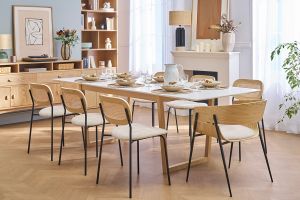 Table à manger extensible rectangulaire rallonges intégrées finition blanc et bois clair chêne massif L160-240 cm LAHO