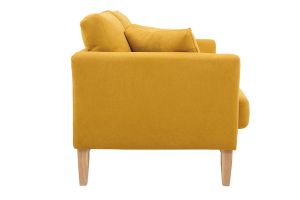 Canapé scandinave déhoussable 2 places en tissu effet velours jaune moutarde et bois clair OSLO