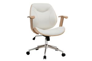 Chaise de bureau à roulettes design blanc, bois clair et acier chromé YORKE