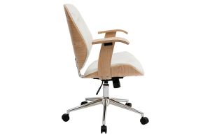 Chaise de bureau à roulettes design blanc, bois clair et acier chromé YORKE