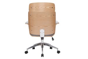Fauteuil de bureau à roulettes design en tissu gris clair, bois clair et acier chromé ELON