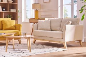 Canapé scandinave déhoussable 2 places en tissu beige et bois clair OSLO