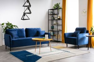 Canapé design 3 places en tissu velours bleu foncé et métal noir BEKA