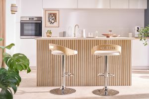 Tabouret de bar réglable design blanc et bois clair MANO