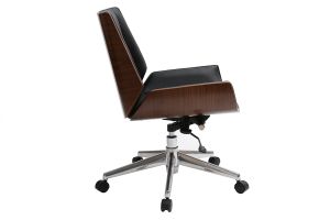Chaise de bureau à roulettes design noir, bois foncé noyer et acier chromé CURVED