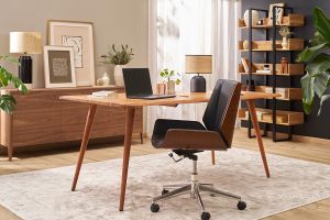 Chaise de bureau à roulettes design noir, bois foncé noyer et acier chromé CURVED